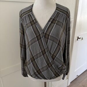 Max Studio Plaid Wrap Blouse - Black, White, and Gold